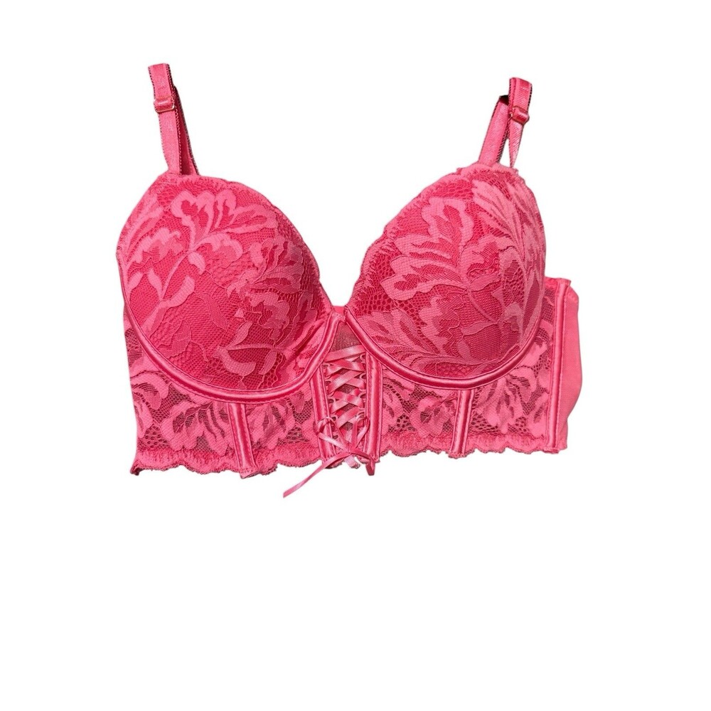 Marilyn Monroe Bra 34B Pink Floral Lace Longline Underwire Corset Lace Up